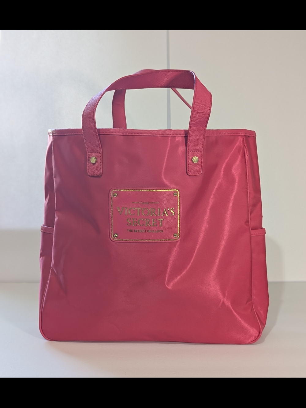 Victoria’s Secret Pink Tote Bag Gold Logo Large Travel Nylon Shoulder Bag